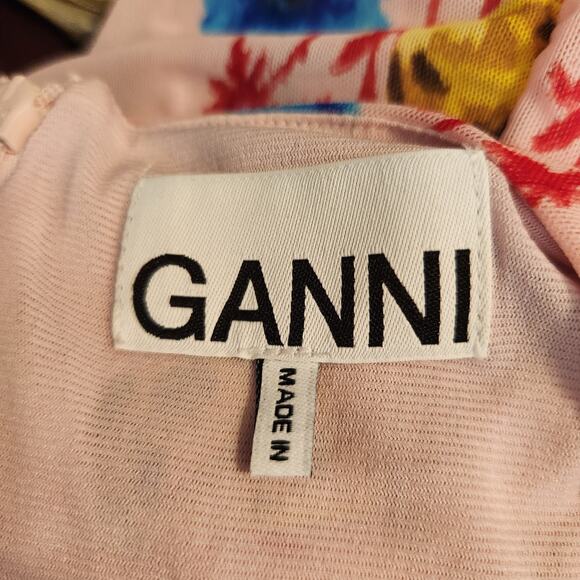 Ganni Dress Size 38 US 6 Womens Floral Pink Mesh Ruched Mini Bodycon Feminine - Picture 10 of 12